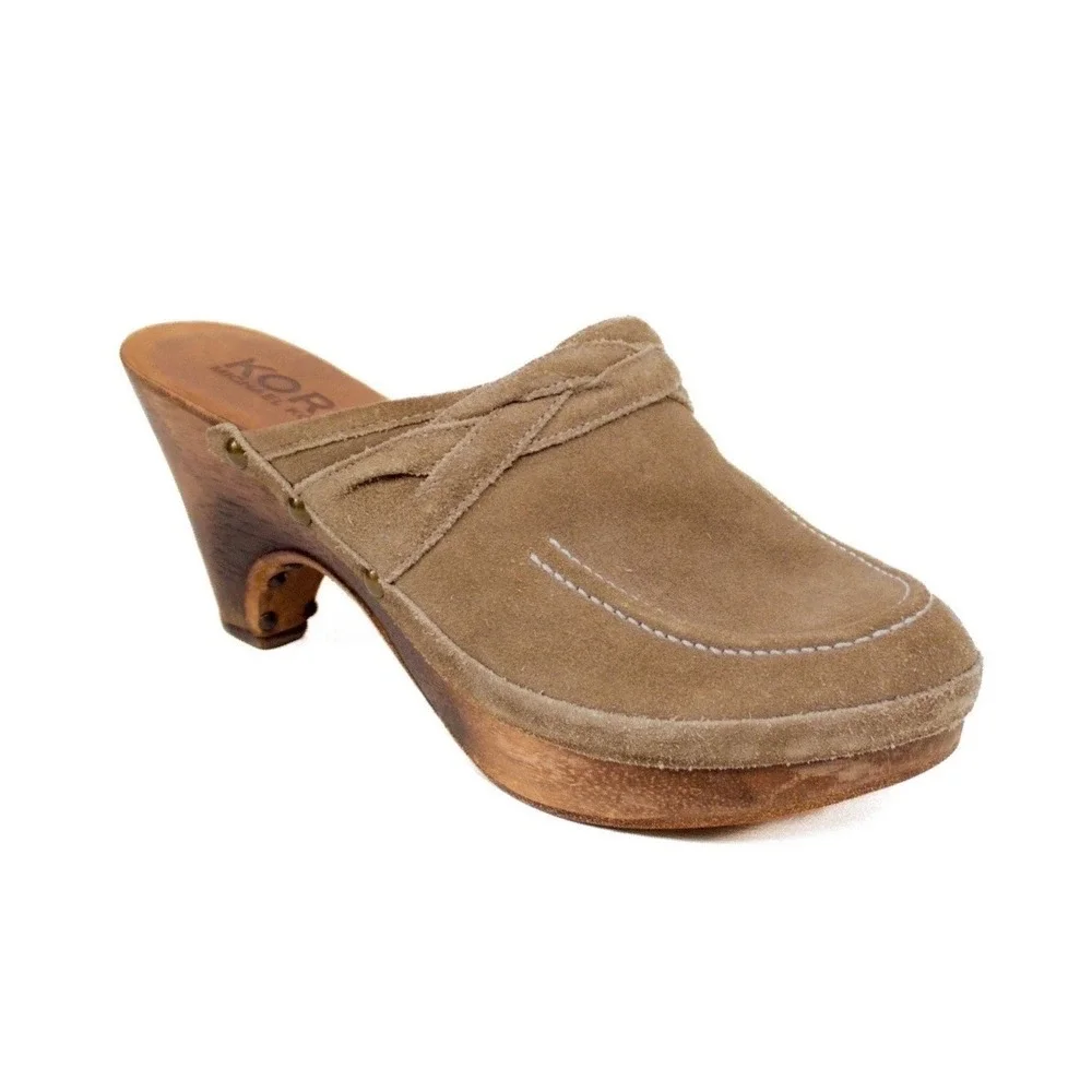 KORS Michael Kors Brown‎ Suede Mules/ Clogs Studs Wooden Heels Women's Size 7 M